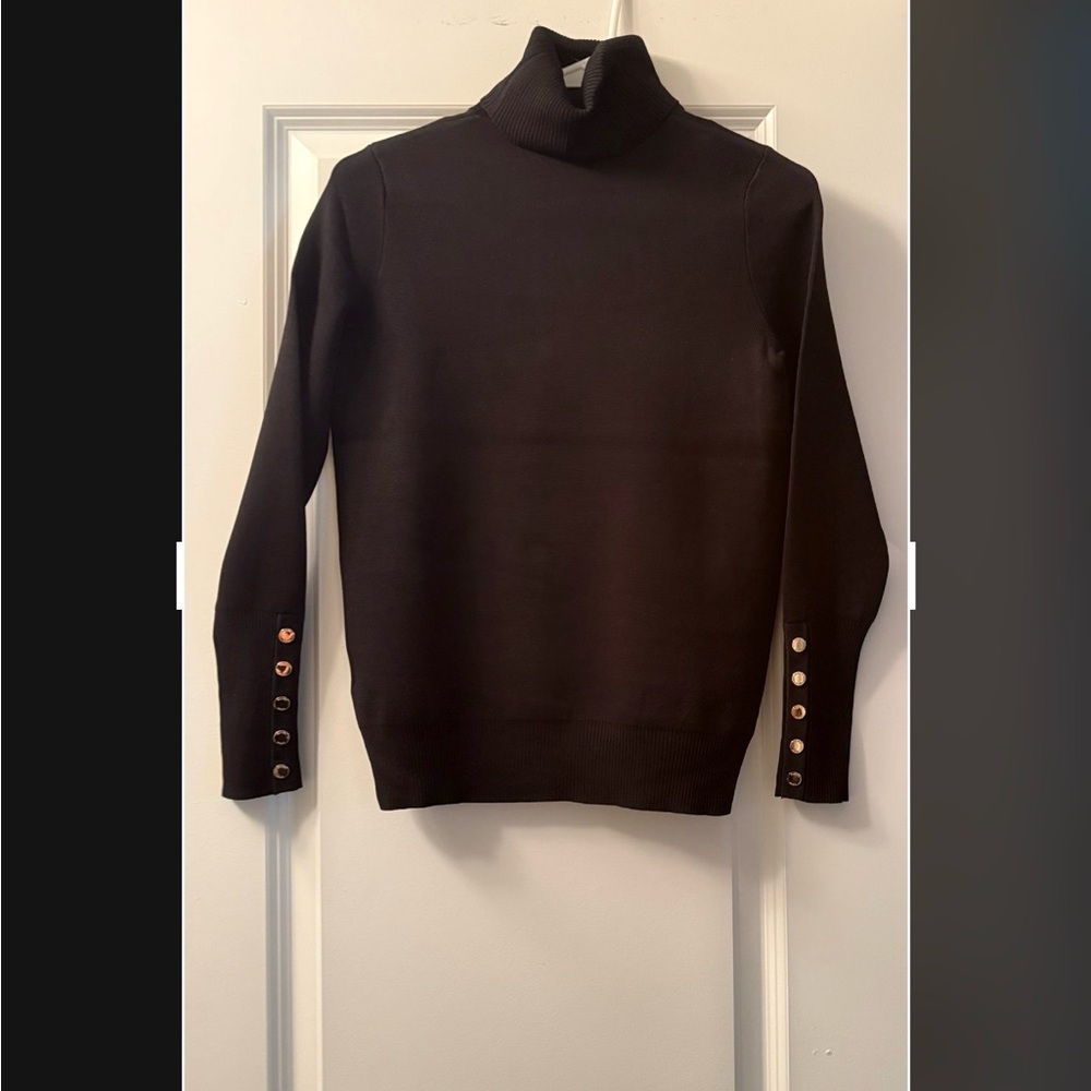 Elegant Black Soft Knit Turtleneck Sweater with Gold Designer Button Accents